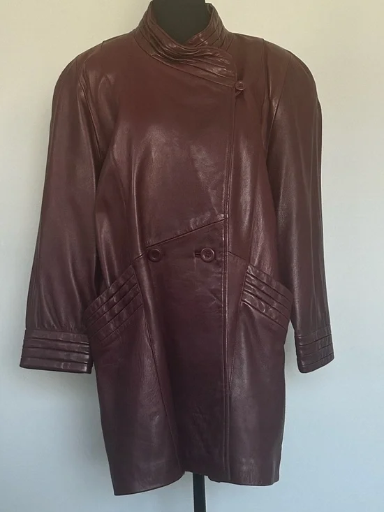 Vintage 1980s Buttery Soft Leather Coat | Funnel Neck | Burgundy - Picture 1 of 12